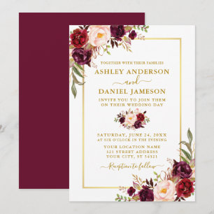 Convites Dourado Casamento de Borgonha Floral Moderno
