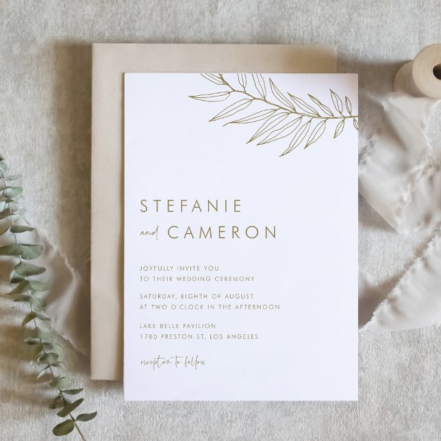 Convites Dourado Casamento de Folhagem Minimalista Moderna (Gold Modern Minimalist Foliage Wedding Invitation)