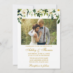 Convites Dourado Casamento de Foto Floral Verde Watercolor