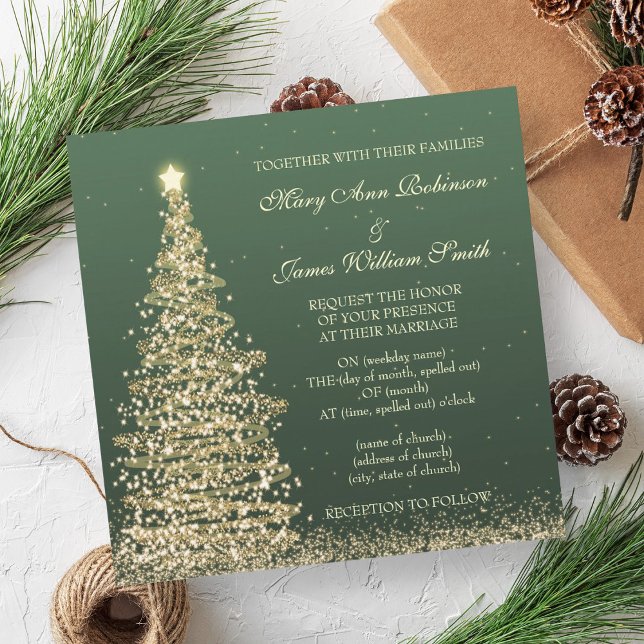 Convites Dourado Casamento de Natal Elegante Verde (Elegant Christmas Wedding Gold Green Invitation)