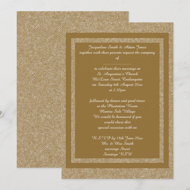 Convites Dourado casamento Elegante com Padrão Branco Perso (Frente/Verso)