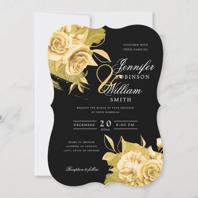 Convites Dourado Casamento Elegante Simples Floral e Preto (Frente)