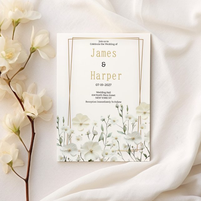 Convites Dourado Casamento floral delicado de menta branca (Gold white mint delicate floral Wedding )