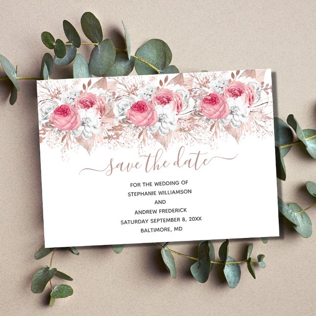 Convites Dourado Casamento Floral Rosa Branca, Rosa Rosa Ro (Pink White Rose Gold Floral Wedding Save The Date Card)