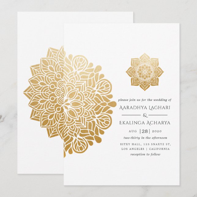 Convites Dourado Casamento Indiano de Mandala (Frente/Verso)