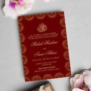 Convites Dourado casamento islâmico Vermelho com Mandala