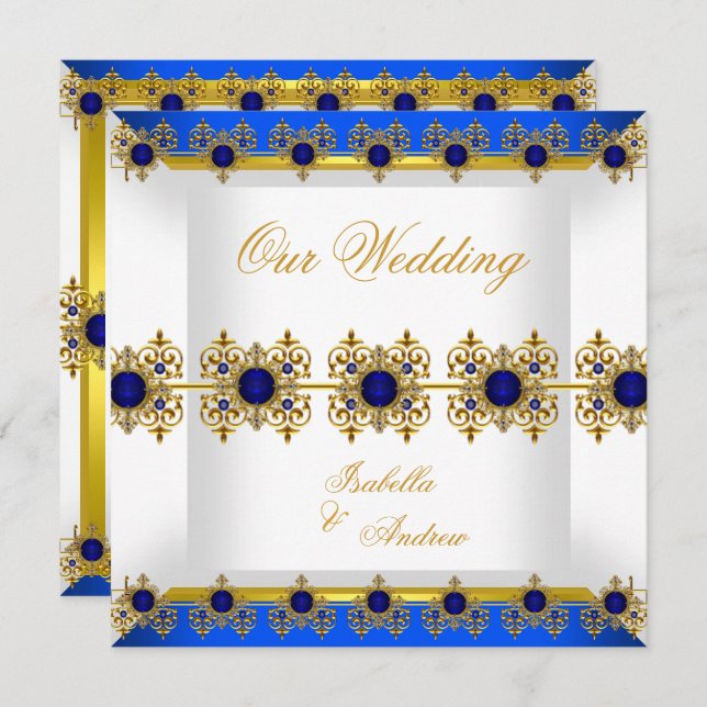 Convites Dourado Casamento Real Azul Gem Branco (Frente/Verso)