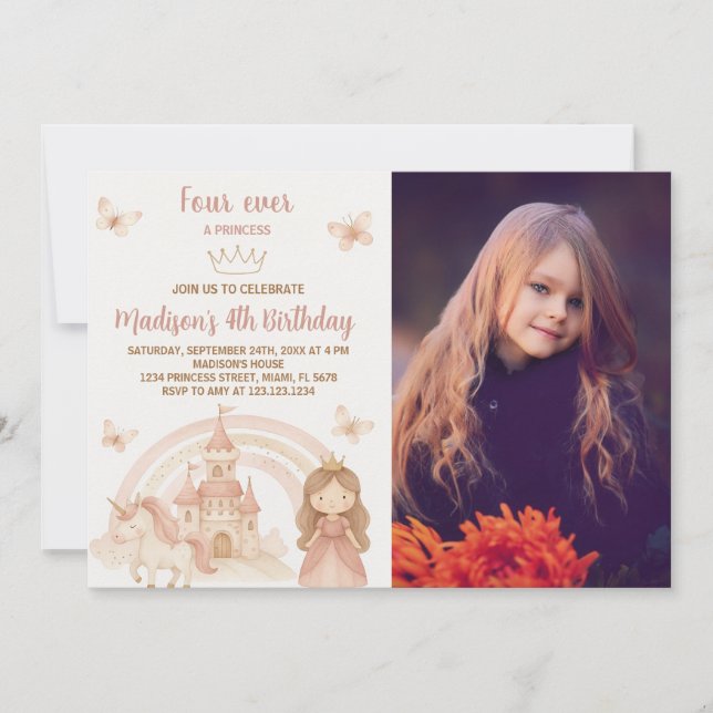 Convites Dourado Castelo e Unicorn Party Convidam com foto (Frente)