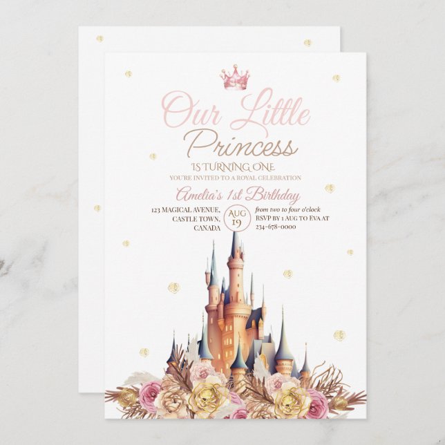 Convites Dourado Castelo Elegante Little Princess Birthday (Frente/Verso)