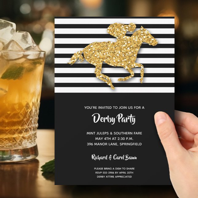 Convites Dourado Cavalo de Corrida e Jockey Derby (Faux gold glitter racehorse on black and white stripes Derby party invitations)