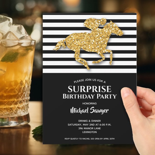 Convites Dourado Cavalo Negro Strike White Aniversário (Gold Racehorse on Black and White Stripes Birthday Invitations - PRINTED and/or INSTANT DOWNLOAD)