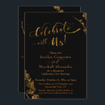 Convites Dourado "Celebrar conosco" com Botânicos a Preto<br><div class="desc">Este design apresenta uma fonte de script elegante e única, destacada com corações para renderizar gráficos que retratam as palavras "Celebrar conosco". O gráfico foi sobreposto com um falso efeito folha de ouro para uma vibração comemorativa. Acentos de elementos botânicos realçados a ouro foram adicionados às bordas e ao verso....</div>