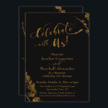 Convites Dourado "Celebre Conosco" com Botânicos em Preto<br><div class="desc">Este design apresenta uma fonte de texto elegante e única acentuada com corações para renderizar gráficos que retratam as palavras "Celebre conosco". O gráfico foi sobreposto com um efeito de folha de ouro falso para uma vibe comemorativa. Acentos de elementos botânicos aprimorados a ouro foram adicionados às bordas e na...</div>