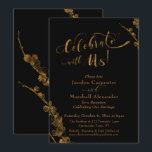 Convites Dourado "Celebre Conosco" com Botânicos em Preto<br><div class="desc">Este design apresenta uma fonte de roteiro elegante e única acentuada com corações para renderizar gráficos que retratam as palavras "Celebre conosco". O gráfico foi sobreposto com um efeito de folha de ouro falso para uma vibe comemorativa. Acentos de elementos botânicos aprimorados com ouro foram adicionados às bordas e na...</div>