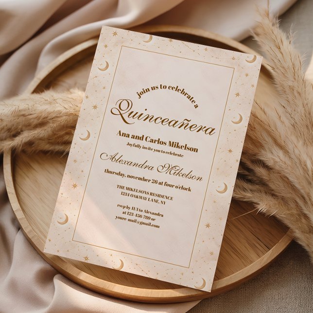 Convites Dourado Celestial Lua Quinceañera (Criador carregado)
