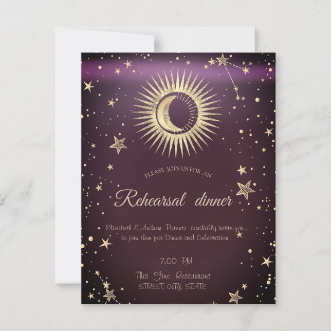 Convites Dourado Celestial Sol E Lua Estrelas Borgonha (Frente)