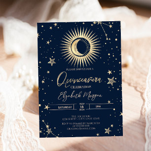 Convites Dourado Celestial Sol e Lua Estrelas Quinceanera