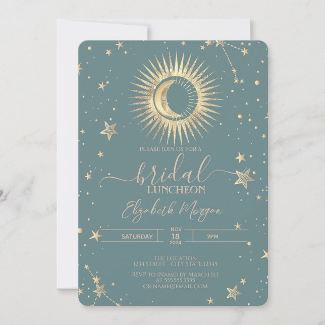 Convites Dourado Celestial Sol Lua Estrelas Almoço Verde Ho (Frente)
