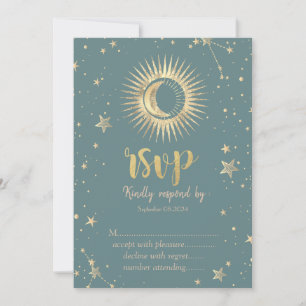 Convites Dourado Celestial Sol Lua Estrelas Hortelã Verde R