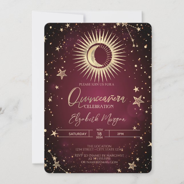 Convites Dourado Celestial Sol Lua Estrelas Quinceanera Ver (Frente)