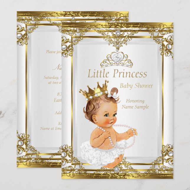 Convites Dourado Chá de fraldas da Princesa Branca Brunette (Frente/Verso)