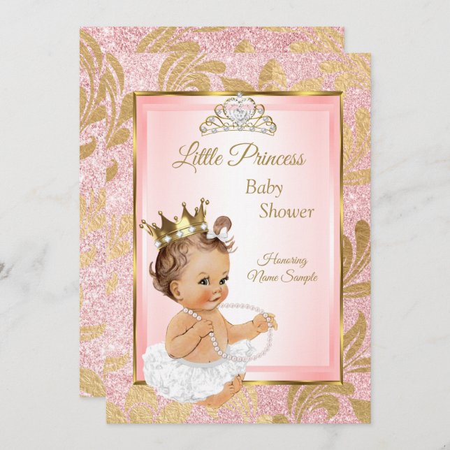 Convites Dourado Chá de fraldas da Princesa Rosa Brunette (Frente/Verso)