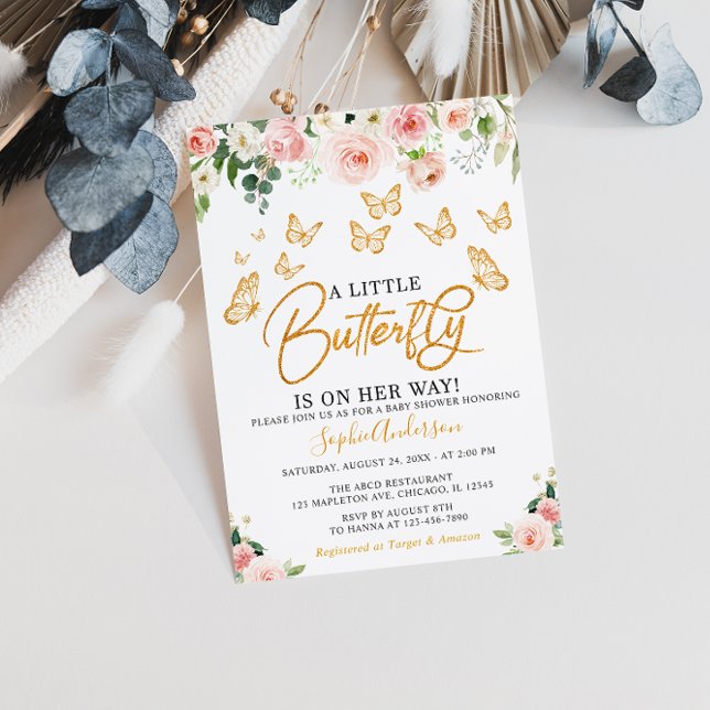 Convites Dourado Chá de fraldas de Borboleta Floral Rosa Ro (Criador carregado)