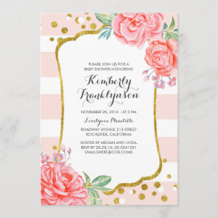 Convites Dourado Chá de fraldas de Confetti Rosa Floral