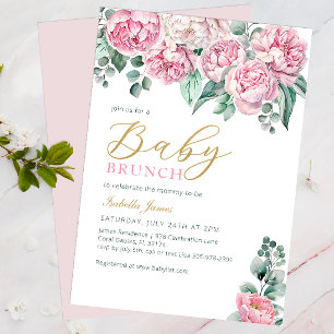 Convites Dourado Chá de fraldas Eucalyptus Peony Pink