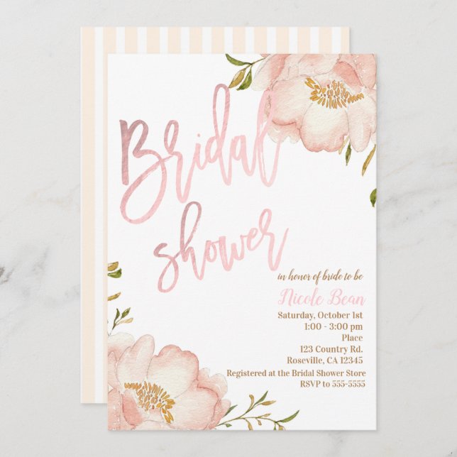 Convites Dourado Chá de panela Elegante Moderno Floral Rosa (Frente/Verso)