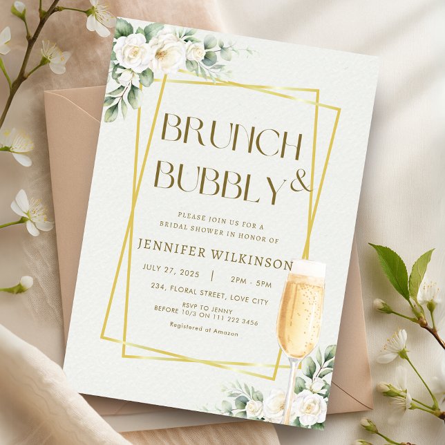 Convites Dourado Chá de panela Floral Brunch e Bubbles (Gold Floral Brunch Bubbly Bridal Shower Invitation)