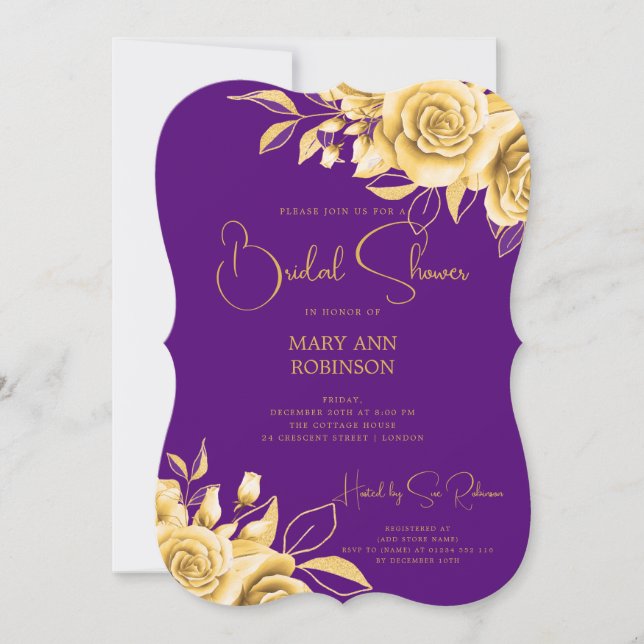 Convites Dourado Chá de panela Floral Roxo de Script Elegan (Frente)