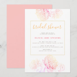 Convites Dourado Chá de panela Moderno Elegante, Peonias Ro