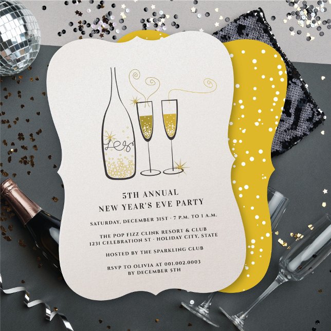 Convites Dourado champanhe aplaude festa anual do ano novo (Gold Champagne Cheers Annual New Year Eve Party Invitation @ fat_fa_tin)