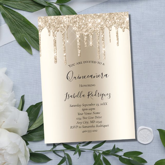 Convites Dourado Champanhe com Brilho Quinceanera (Criador carregado)
