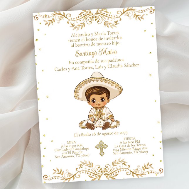 Convites Dourado Charro Baptism espanhol (Gold charro baptism invitation. Simply add your event details. Background color can be changed.)