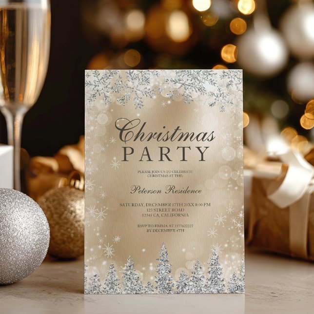 Convites Dourado Chic Prata floco de neve inverno festa de  (Chic Gold Silver snowflake winter Christmas party Invitation)