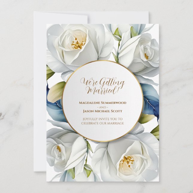 Convites Dourado Círculo Frame de Rosas Brancas Fundo Flora (Frente)