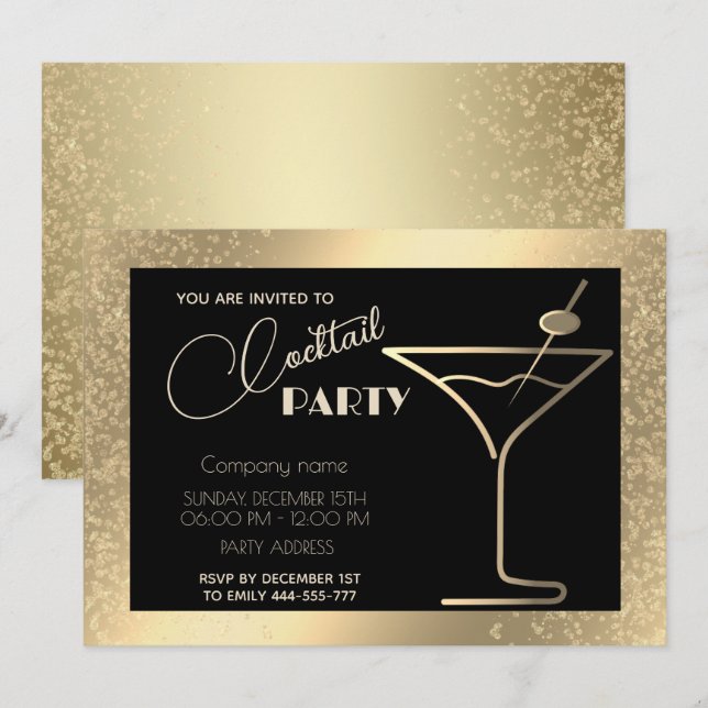 Convites Dourado cocktail negro de férias de luxo (Frente/Verso)