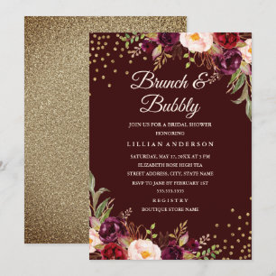 Convites Dourado Confetti Burgundy Floral Brunch e Bubble