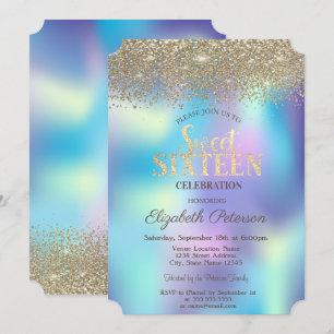 Convites Dourado Confetti Diamantes Blue Holographic Sweet 