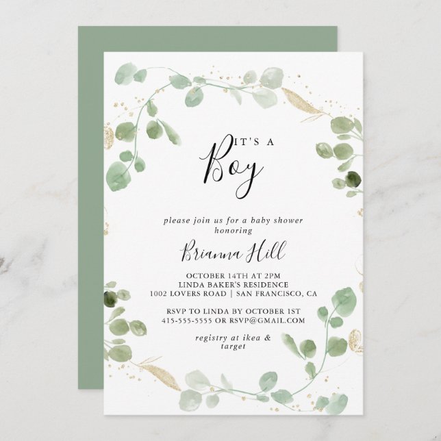 Convites Dourado Confetti Eucalyptus É um Chá de fraldas (Frente/Verso)