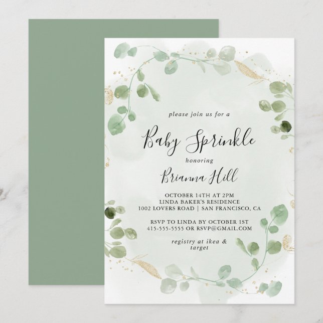 Convites Dourado Confetti Eucalyptus Foliage Baby Sprinkle (Frente/Verso)