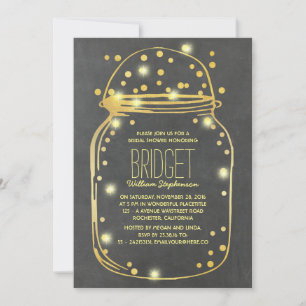 Convites Dourado Confetti Fireflies Chá de panela Mason Jar