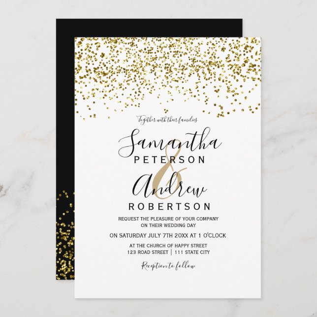 Convites Dourado confetti preto e branco, casamento (Frente/Verso)