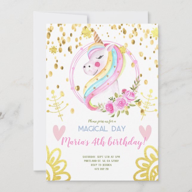 Convites Dourado Confetti Rainbow Unicorn face Aniversário (Frente)