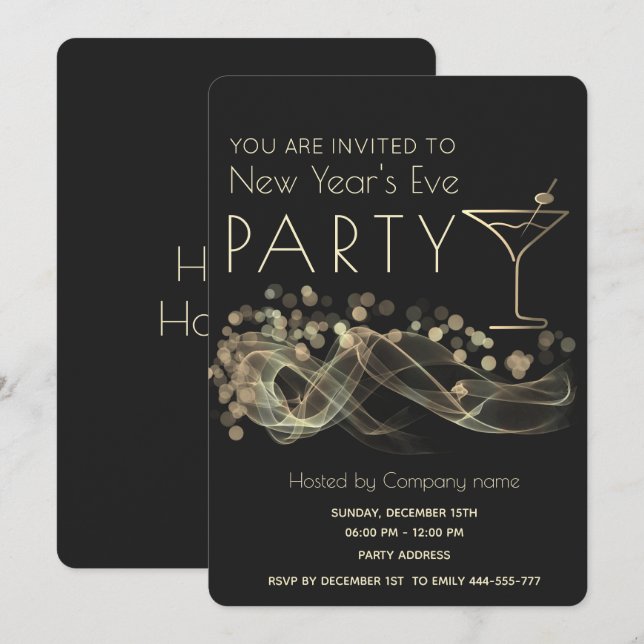 Convites Dourado coquetel de vara no Ano Novo (Frente/Verso)