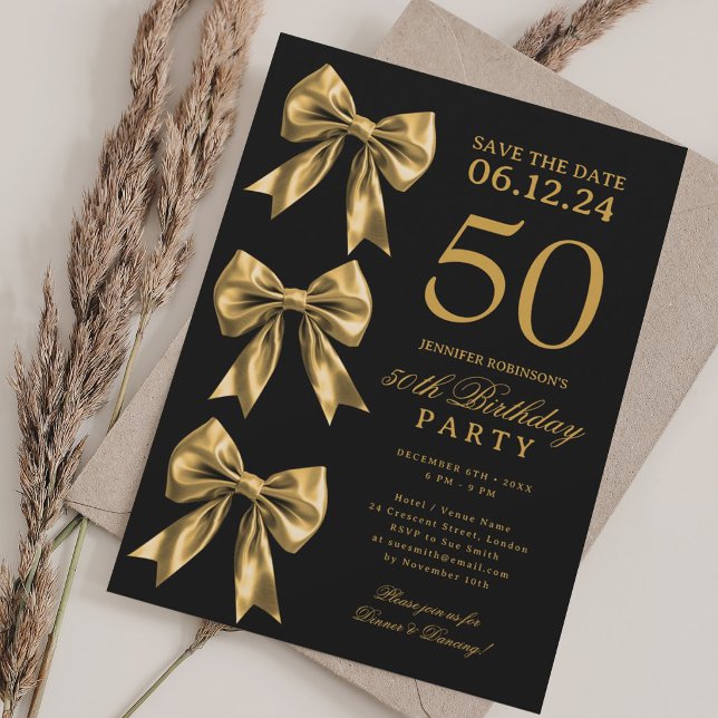 Convites Dourado Coquette Laço Salve A Data 50º Aniversário (Gold Coquette Bow Save The Date 50th Birthday Invitation)