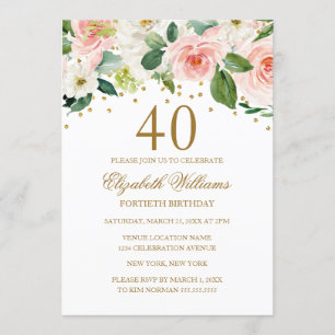 Convites Dourado Cor de Água, Cor Floral, aniversário de 40