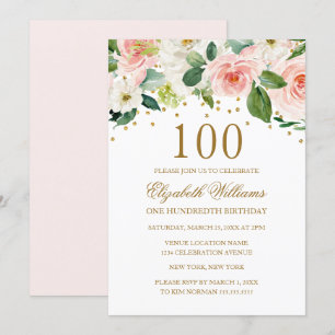Convites Dourado Cor de Água Floral 100º Aniversário
